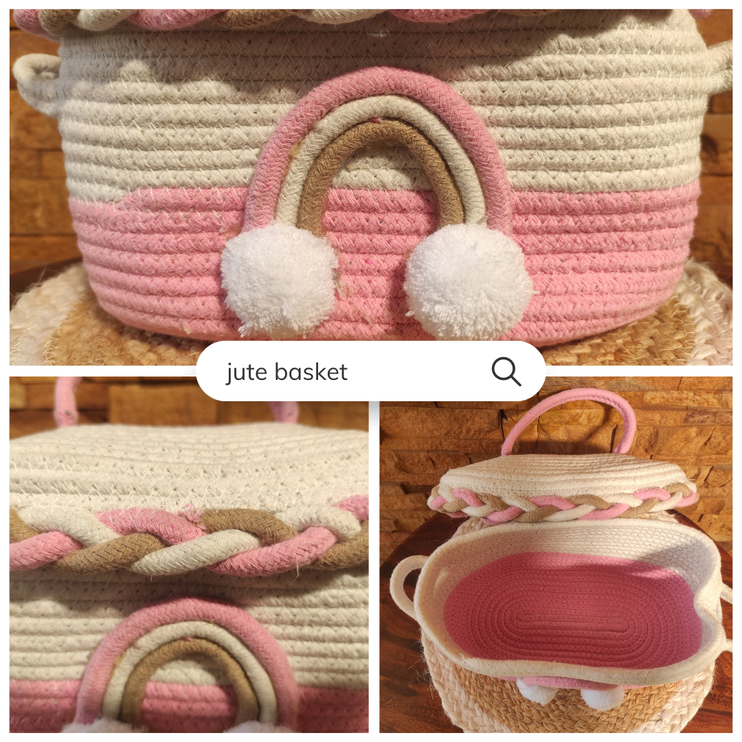 Bhumatha Cute Jute Basket with Lid Storage (pink and white) hamper basket set of 1