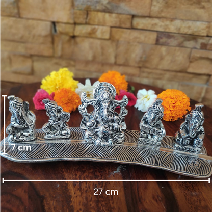 Bhumatha Set of 5 Silver Plated Metal Musical Ganesh Ji Sitting On A Leaf