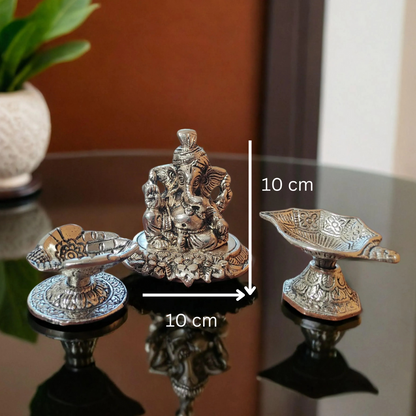 Bhumatha Silver Plated Pagdi Ganesha Idol Oxidized Finish with Luxury Velvet Box and 2 diyas