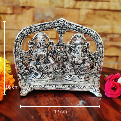 Bhumatha Auspicious Laxmi Ganesh Idol - Silver Plated (12 l x 16H x 5W cm) Box with Two diyas