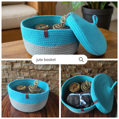 Bhumatha Cute Jute Basket with Lid Storage | Designer Baskets | Storage/Shelves Baskets | Fruit Baskets or clothes or hamper basket set of 1 (BLUE AND GREY)