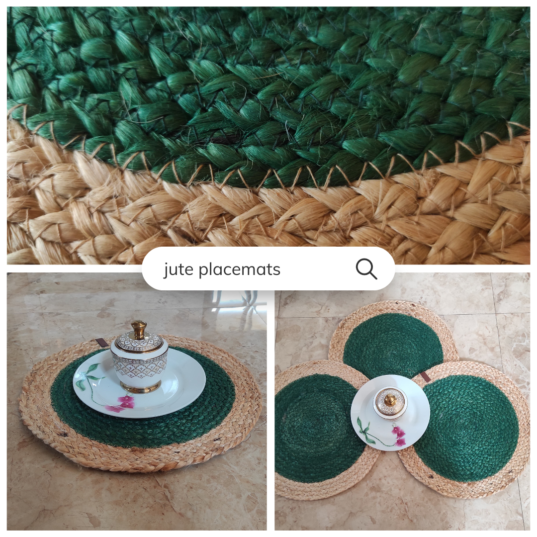 Bhumatha Jute Braided Placemats (gold and teal, 33 cm Round) Set of 3