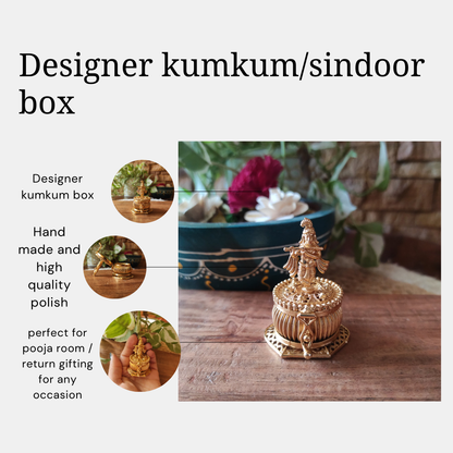 Bhumatha Beautiful Handcrafted Gifting Krishna Sindoor Kumkum Box, Handmade Traditional Haldi Sindoor Dibbi For Pooja, Round, Golden round