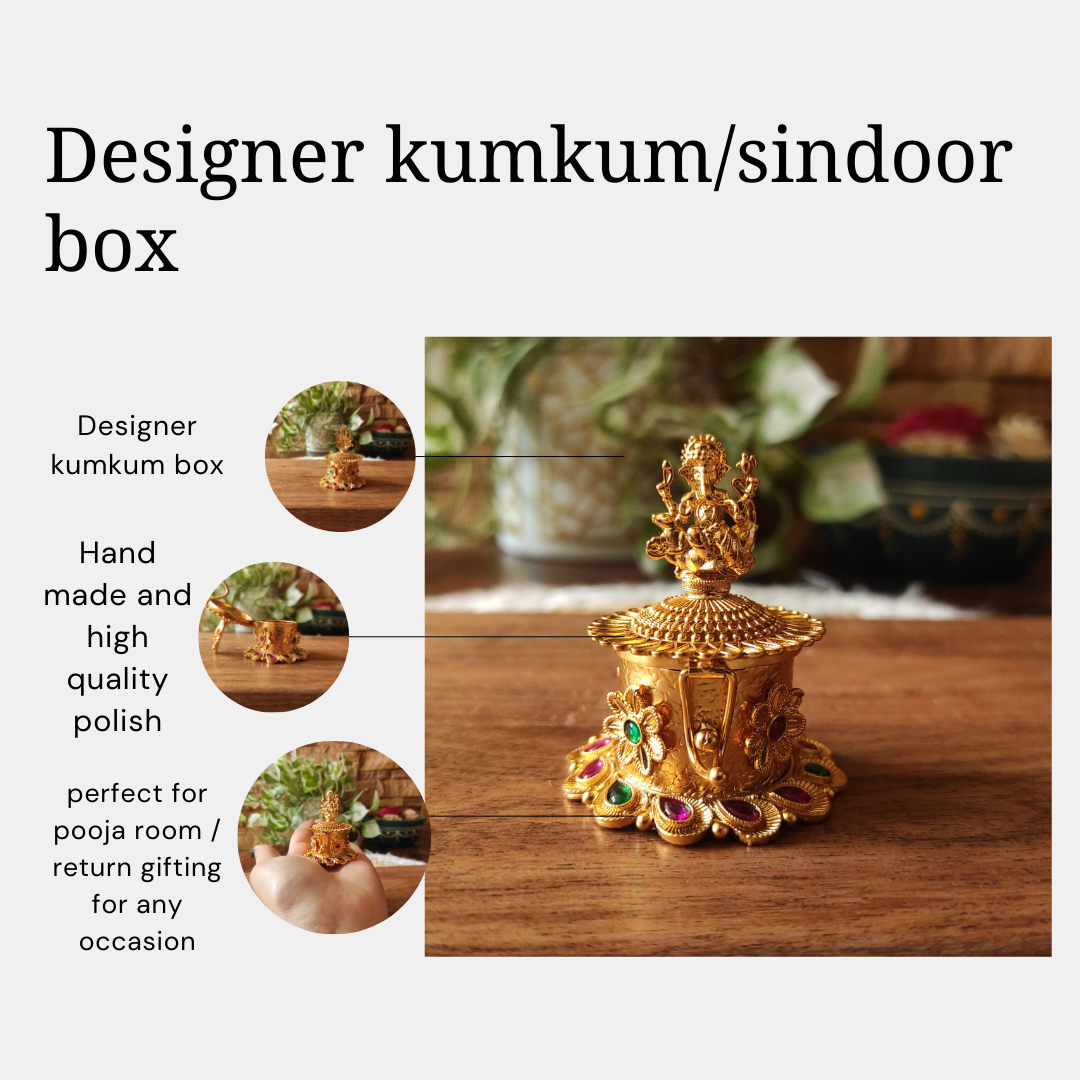 Bhumatha Beautiful Handcrafted Gifting Ganesha Sindoor Kumkum Box, Handmade Traditional Haldi Sindoor Dibbi For Pooja, Round, Golden round