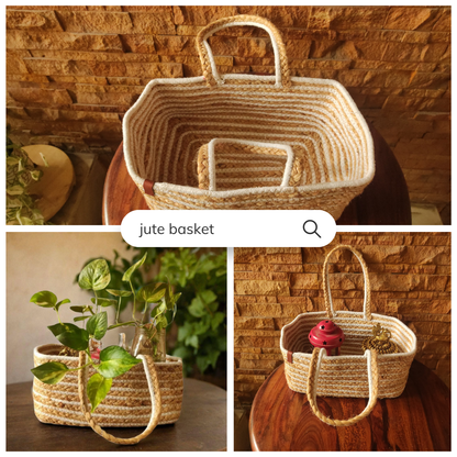 Bhumatha Cute Jute Basket for Storage, Clothes, Kitchen (Beige and white, 32x20x15 cm) - Handmade Rectangular Basket for Desk Organizer, Fruits, Vegetables, Home Decor, Wardrobe, Travelling