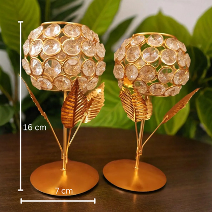 Bhumatha Metal Gold Plated Crystal Candle Holder - Decorative Tea Light Stand Votive for Home Decor (Set of 2)