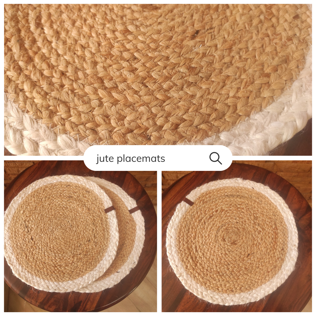 Bhumatha Jute Braided Placemats (White and Gold, 33 cm Round) Set of 2