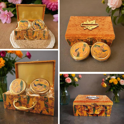 Bhumatha luxury Velvet Decorative Peacock Designed 2 empty Jar Dry Fruit Box | Diwali | Wedding| Christmas | Chocolate Boxes | Cookies Jars | Dry fruits Gifting Pack of 1 Box with 2 Jars Inside