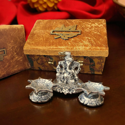 Bhumatha Silver Plated Pagdi Ganesha Idol Oxidized Finish with Luxury Velvet Box and 2 diyas