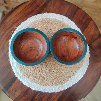 Bhumatha Mango Wood Classic Elegant Hand Made Wooden Bowl with Hand Paint, Multipurpose for Serving, Home & Kitchen Handcrafted (teal color) - Set of 2