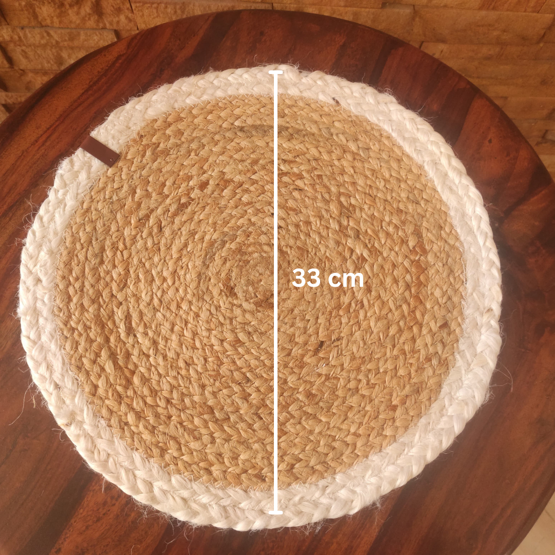 Bhumatha Jute Braided Placemats (White and Gold, 33 cm Round) Set of 2