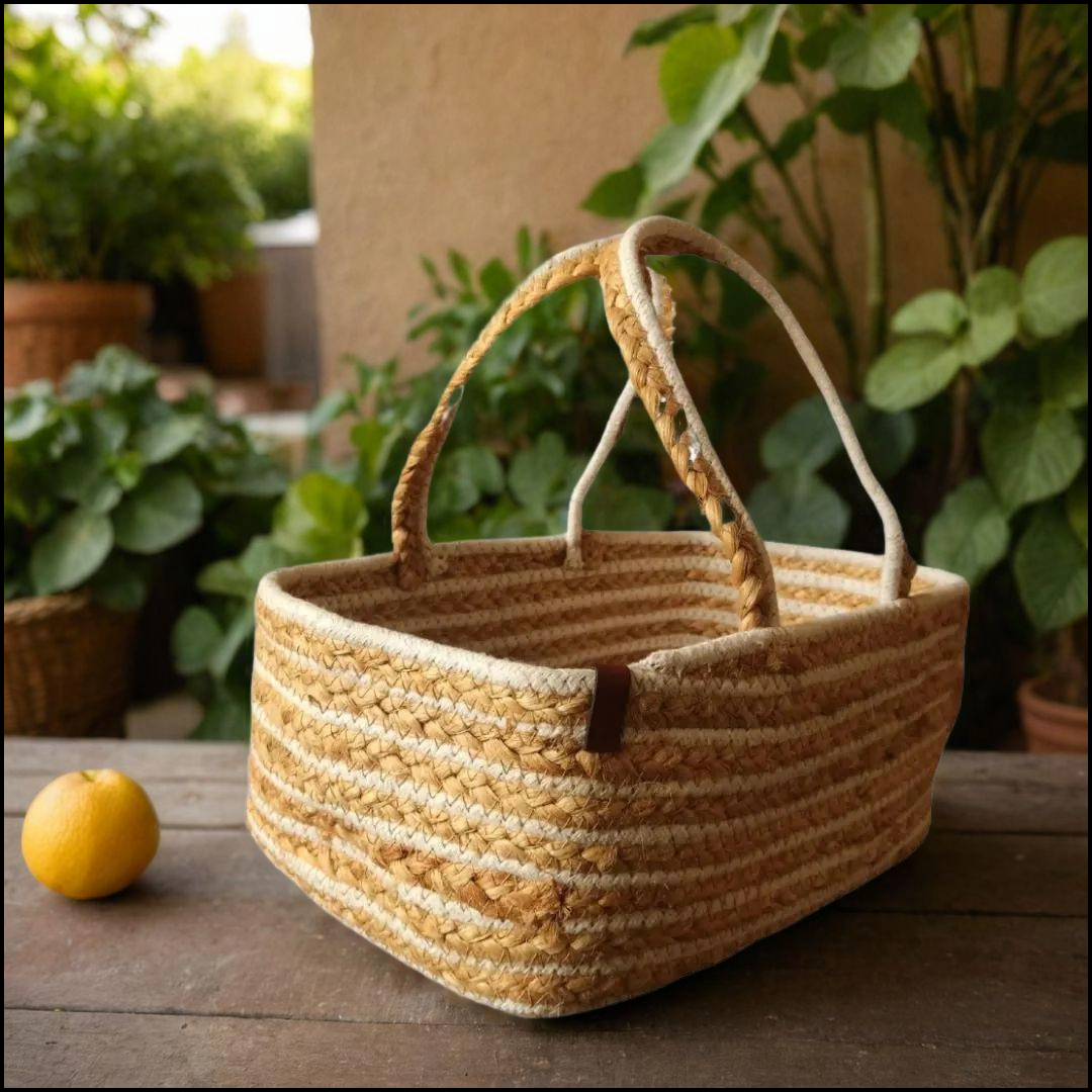 Bhumatha Cute Jute Basket for Storage, Clothes, Kitchen (Beige and white, 32x20x15 cm) - Handmade Rectangular Basket for Desk Organizer, Fruits, Vegetables, Home Decor, Wardrobe, Travelling