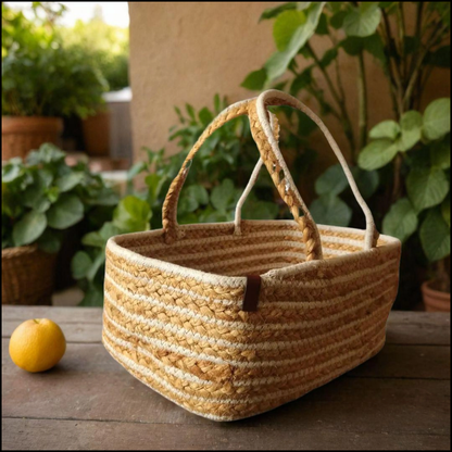 Bhumatha Cute Jute Basket for Storage, Clothes, Kitchen (Beige and white, 32x20x15 cm) - Handmade Rectangular Basket for Desk Organizer, Fruits, Vegetables, Home Decor, Wardrobe, Travelling