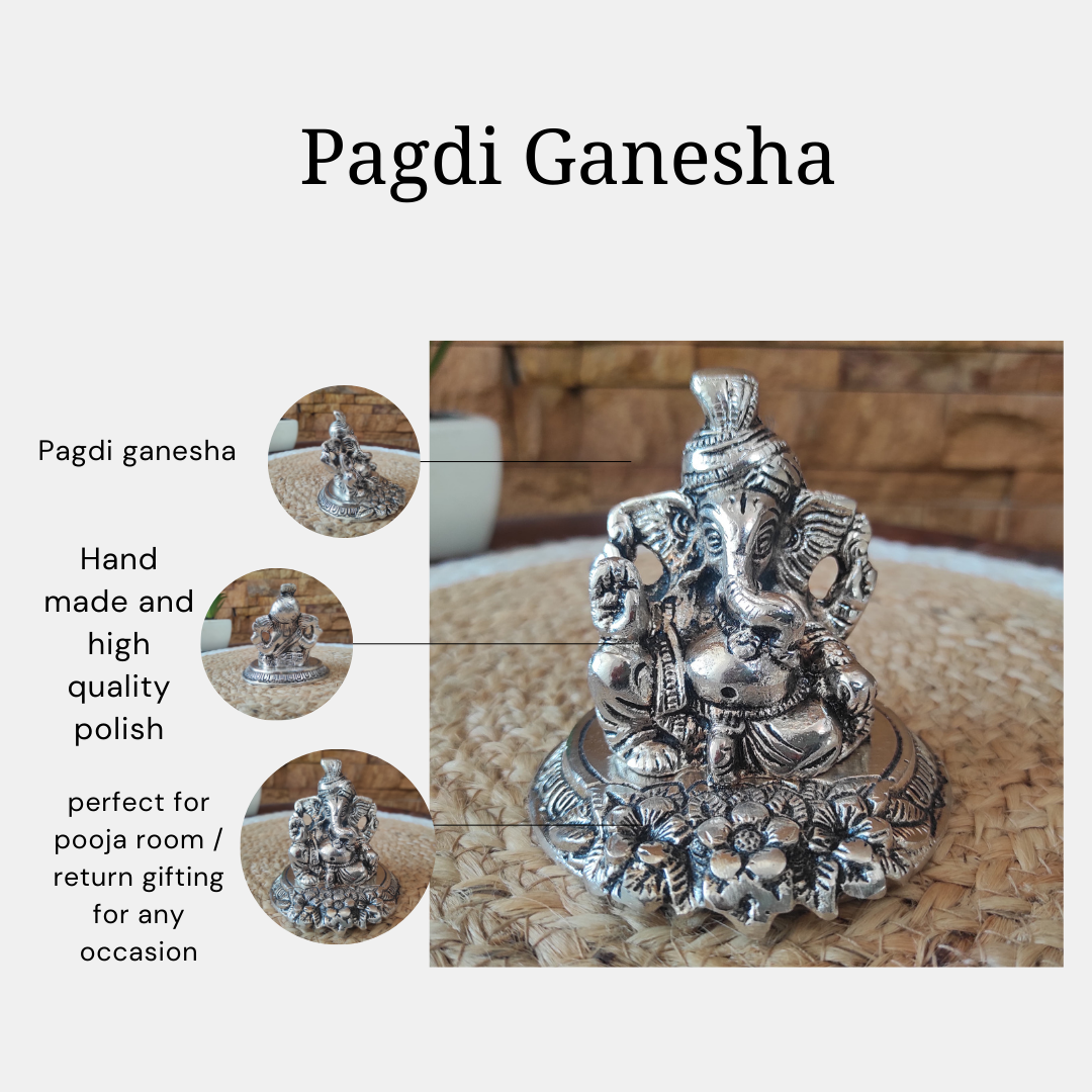 Bhumatha Metal pagdi Ganesh Idol for Diwali Decoration Item - Ganesha for Car Dashboard Ganpati Statue Figurine Murti for Home Office, Tabledesk Diwali Gift Items (Silver 10 CM Height) (Set of 1)