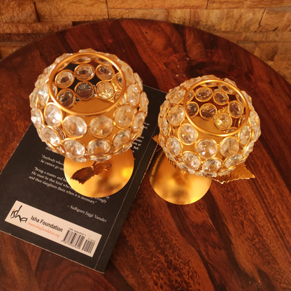 Bhumatha Metal Gold Plated Crystal Candle Holder - Decorative Tea Light Stand Votive for Home Decor (Set of 2)