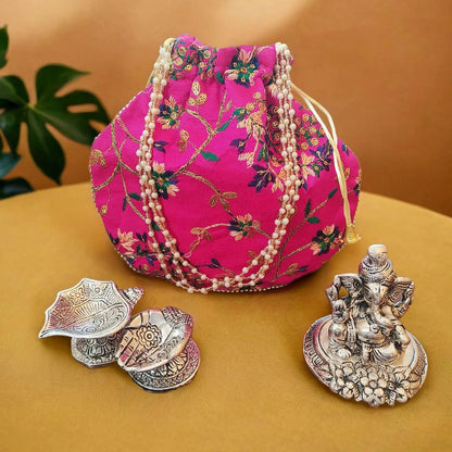 Bhumatha Gift Bag for Anniversary, Wedding, Housewarming, Diwali & Corporate - Silver Plated Pagdi Ganesh Idol Statue with Beautiful Designer potli Bag and 2 dhiyas (10H x 8W x 10L CM)… (pink)