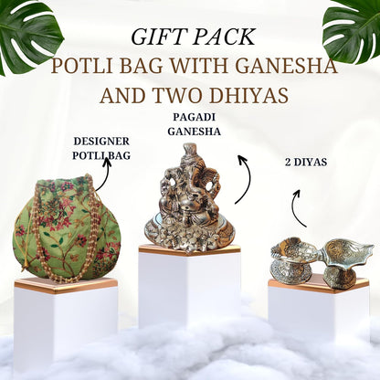 Bhumatha Gift Bag for Anniversary, Wedding, Housewarming, Diwali & Corporate - Silver Plated Pagdi Ganesh Idol Statue with Beautiful Designer potli Bag and 2 dhiyas (10H x 8W x 10L CM)… (Green)