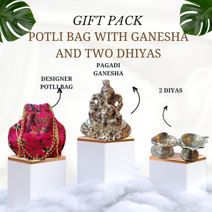 Bhumatha Gift Bag for Anniversary, Wedding, Housewarming, Diwali & Corporate - Silver Plated Pagdi Ganesh Idol Statue with Beautiful Designer potli Bag and 2 dhiyas (10H x 8W x 10L CM)… (pink)