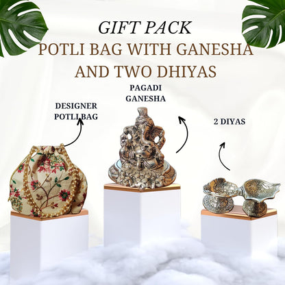 Bhumatha Gift Bag for Anniversary, Wedding, Housewarming, Diwali & Corporate - Silver Plated Pagdi Ganesh Idol Statue with Beautiful Designer potli Bag and 2 dhiyas (10H x 8W x 10L CM)… (Beige)