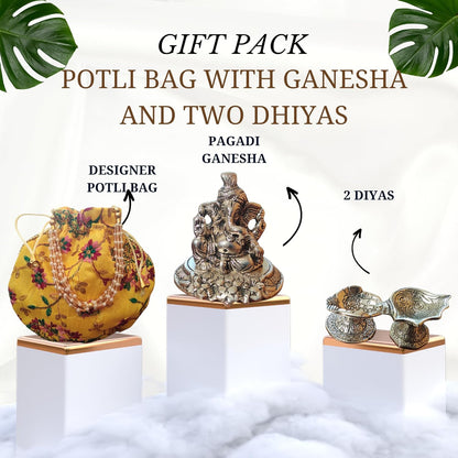 Bhumatha Gift Bag for Anniversary, Wedding, Housewarming, Diwali & Corporate - Silver Plated Pagdi Ganesh Idol Statue with Beautiful Designer potli Bag and 2 dhiyas (10H x 8W x 10L CM)… (yellow)