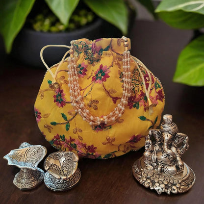 Bhumatha Gift Bag for Anniversary, Wedding, Housewarming, Diwali & Corporate - Silver Plated Pagdi Ganesh Idol Statue with Beautiful Designer potli Bag and 2 dhiyas (10H x 8W x 10L CM)… (yellow)