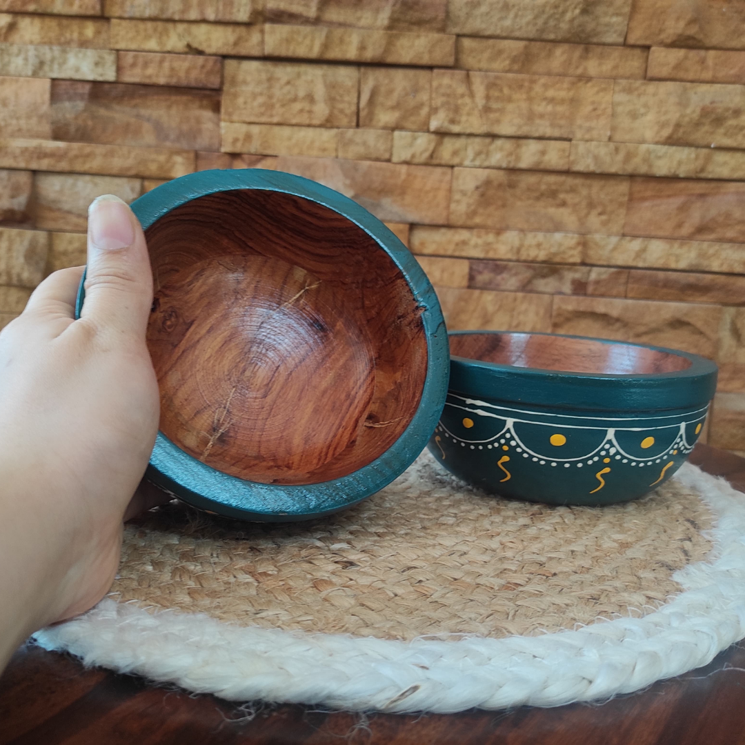 Bhumatha Mango Wood Classic Elegant Hand Made Wooden Bowl with Hand Paint, Multipurpose for Serving, Home & Kitchen Handcrafted (teal color) - Set of 2