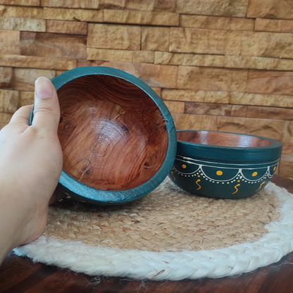 Bhumatha Mango Wood Classic Elegant Hand Made Wooden Bowl with Hand Paint, Multipurpose for Serving, Home & Kitchen Handcrafted (teal color) - Set of 2