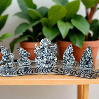 Bhumatha Set of 5 Silver Plated Metal Musical Ganesh Ji Sitting On A Leaf