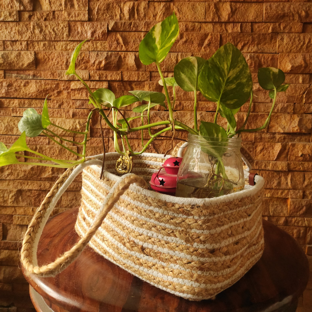 Bhumatha Cute Jute Basket for Storage, Clothes, Kitchen (Beige and white, 32x20x15 cm) - Handmade Rectangular Basket for Desk Organizer, Fruits, Vegetables, Home Decor, Wardrobe, Travelling