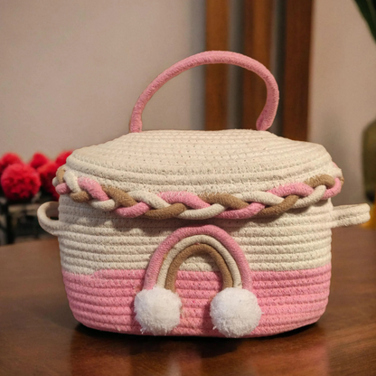 Bhumatha Cute Jute Basket with Lid Storage (pink and white) hamper basket set of 1