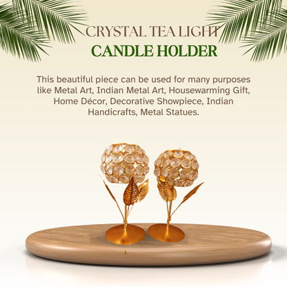 Bhumatha Metal Gold Plated Crystal Candle Holder - Decorative Tea Light Stand Votive for Home Decor (Set of 2)