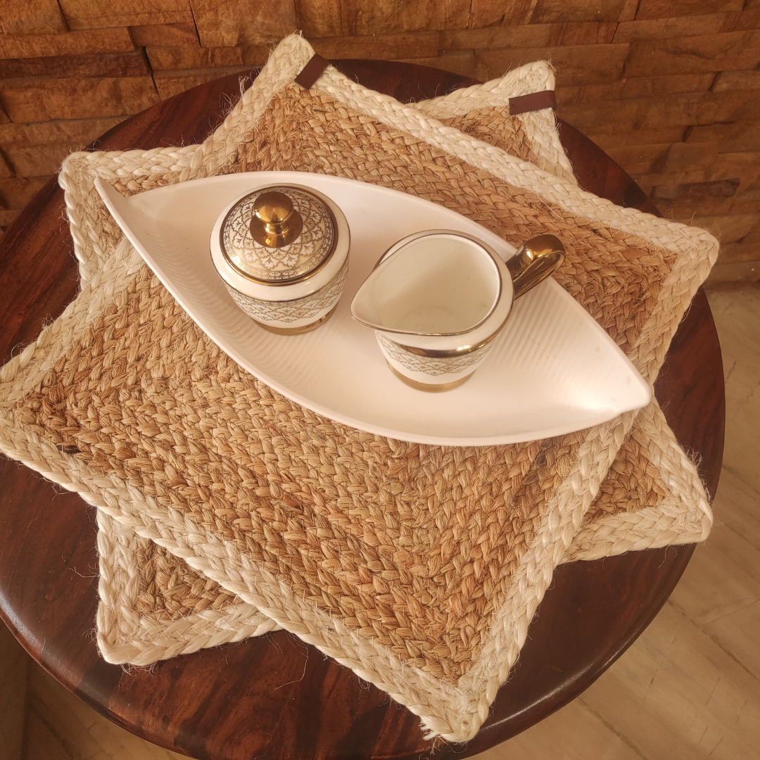 Bhumatha Jute Braided Placemats (White and Gold, 33 cm ) Set of 2