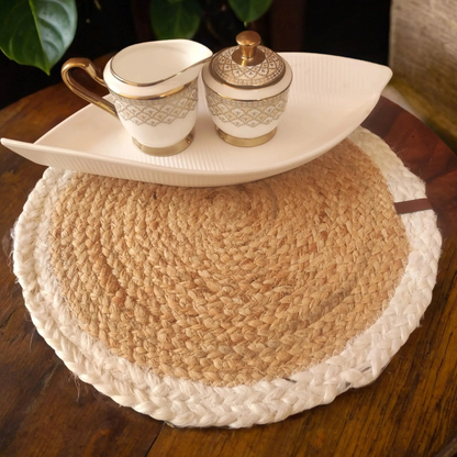 Bhumatha Jute Braided Placemats (White and Gold, 33 cm Round) Set of 2