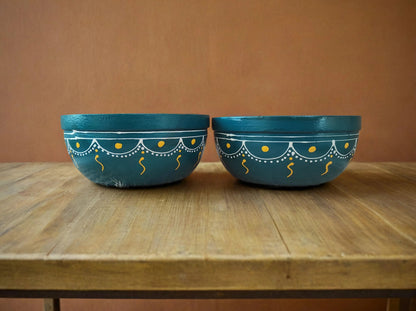 Bhumatha Mango Wood Classic Elegant Hand Made Wooden Bowl with Hand Paint, Multipurpose for Serving, Home & Kitchen Handcrafted (teal color) - Set of 2