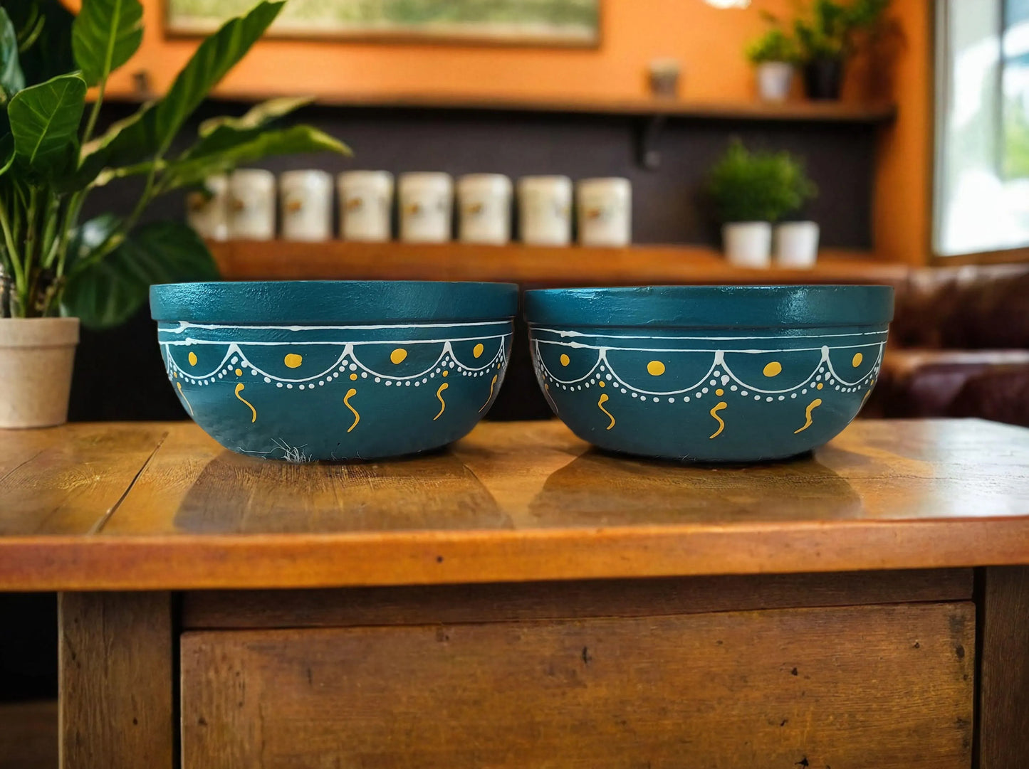 Bhumatha Mango Wood Classic Elegant Hand Made Wooden Bowl with Hand Paint, Multipurpose for Serving, Home & Kitchen Handcrafted (teal color) - Set of 2