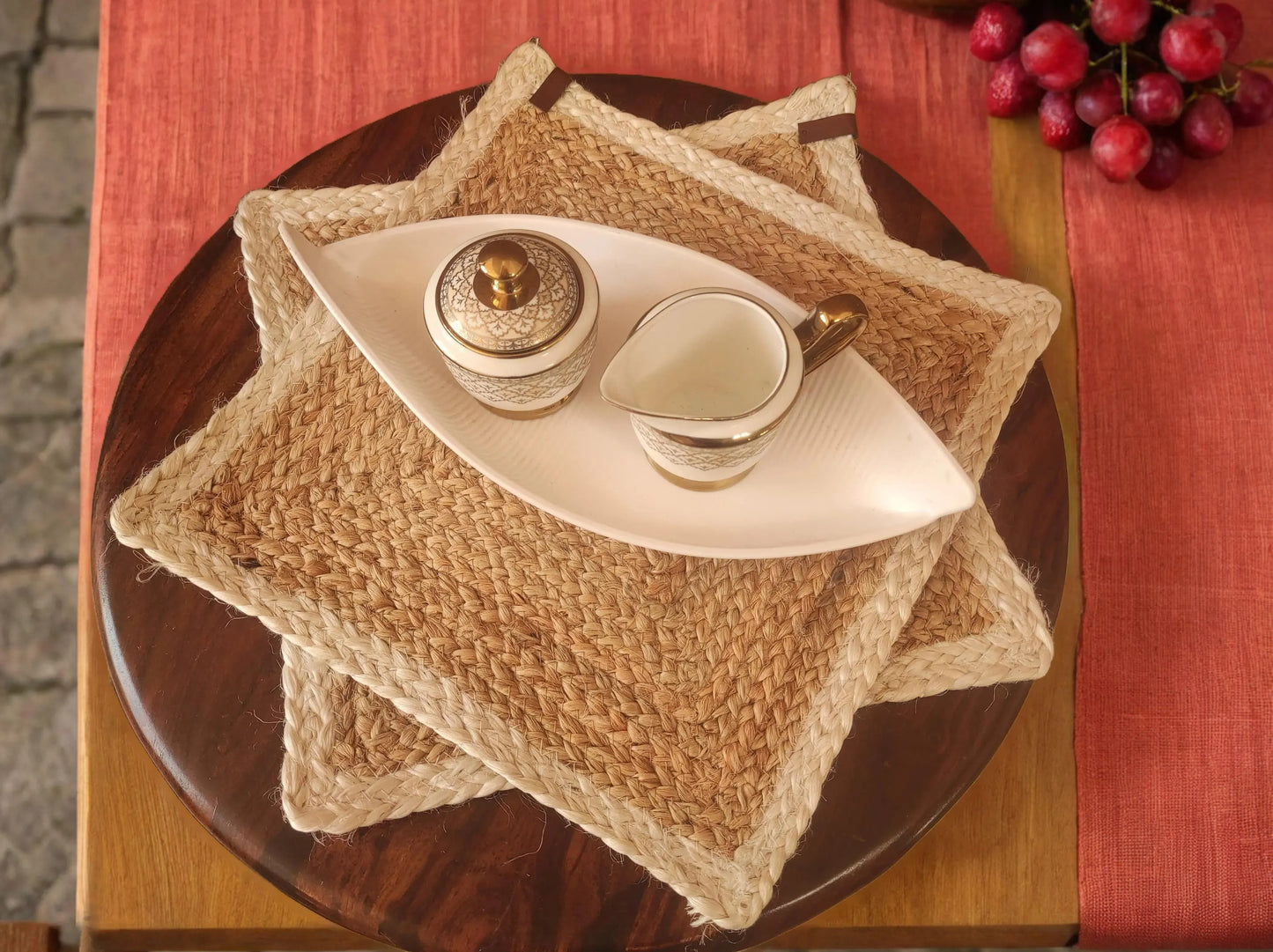 Bhumatha Jute Braided Placemats (White and Gold, 33 cm ) Set of 2