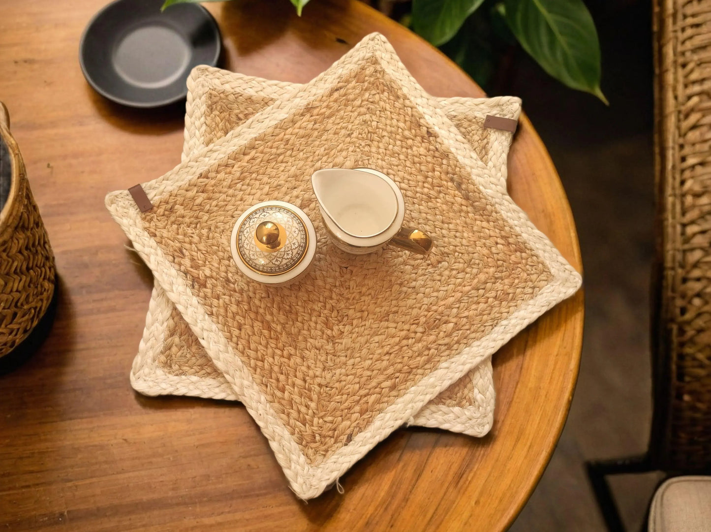 Bhumatha Jute Braided Placemats (White and Gold, 33 cm ) Set of 2